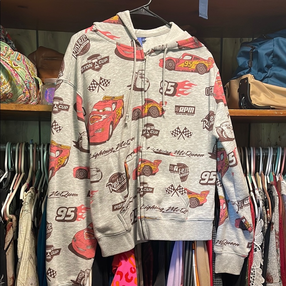 Gray and Red Racing-Themed Jacket with Cartoon Print